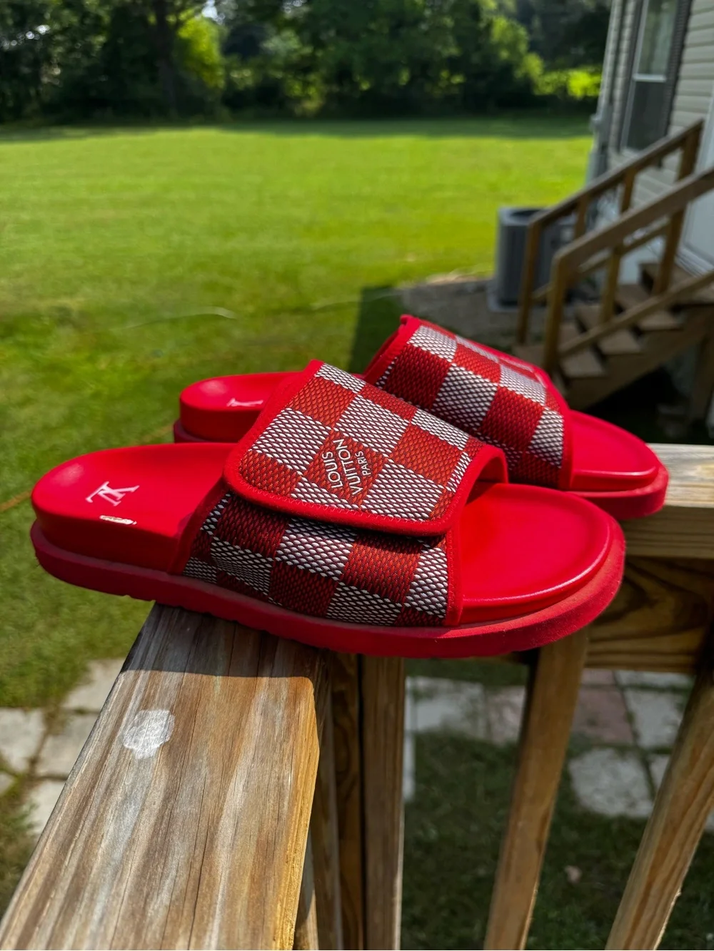 Louis Vuitton Red Checker Slide Sandals